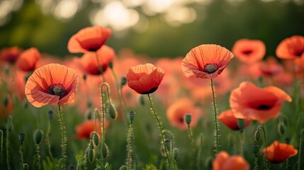 Vibrant Field of Red Poppies in Full Bloom