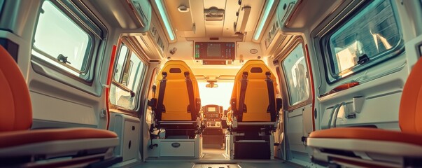 Modern ambulance inside vehicle safety interior, ambulance panorama banner. Generative AI