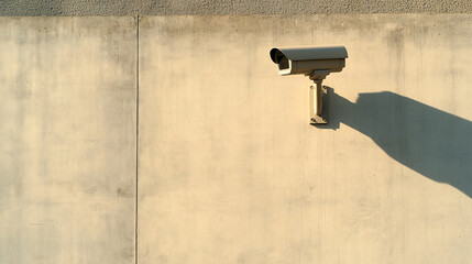 A sleek outdoor security camera mounted high on a concrete wall, casting a long shadow in the late afternoon sun. The cameraâ€™s futuristic design and robust construction emphasize its capability to