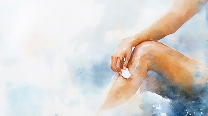 Fototapeta premium A serene watercolor painting capturing the beauty of a hand resting on a knee, surrounded by soft, dreamy colors.