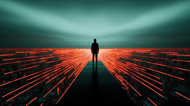 A figure standing on a glowing platform, with beams of light radiating outward to different parts of a cityscape, representing the centrality of value in connecting and growing diverse elements