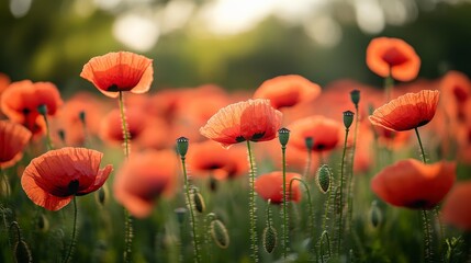 Obraz premium Vibrant Field of Red Poppies in Full Bloom