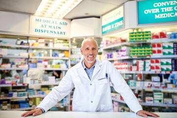 Pharmacy, man and happy with portrait at counter for customer service, medication and prescription. Smile, mature pharmacist and medical worker at dispensary for pharmaceutical, supply or healthcare