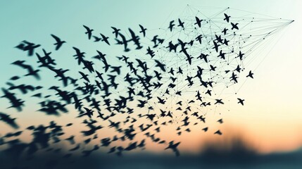 A flock of birds flying in perfect harmony, with abstract lines connecting their movements, forming geometric patterns in the sky to represent synergy in action