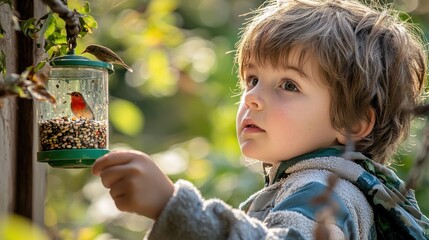 A kid tilting their head, closely observing a colorful bird feeder.
