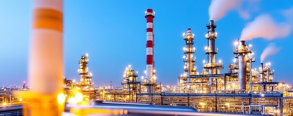 Obraz premium Illuminated refinery complex at night with vibrant smokestacks, city lights in the distance, dynamic long exposure showcasing glowing industrial activity