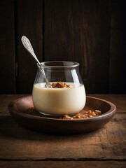 Slice of milk pudding on a wooden table, showcasing a simple yet delicious treat.