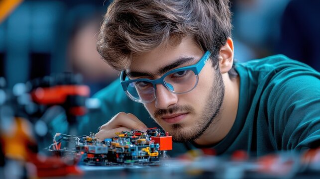 Young Man in Glasses Focuses on Electronic Circuit Board