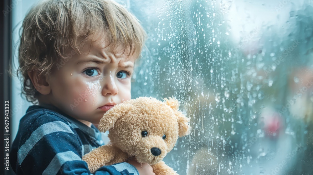 Wall mural A little boy looking out a rainy window, clutching a stuffed animal with tears in his eyes.