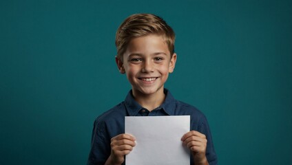 Smiling boy holding a blank sheet of paper, ready for a message, against a teal background.