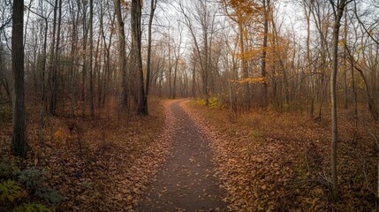 Obraz premium A winding path through a serene autumn forest, surrounded by fallen leaves.