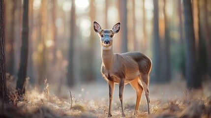 A deer stands gracefully in a sunlit forest, surrounded by trees and soft foliage.