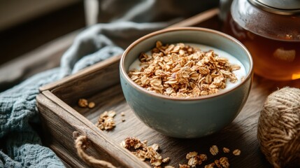 inviting breakfast concept granola, yogurt, hot tea on a wooden tray in a cozy dining setting room for text