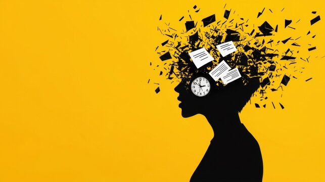A fragmented silhouette of a person, with their head exploding into shards of papers, emails, and clock faces, representing stress and fragmentation from handling too much work