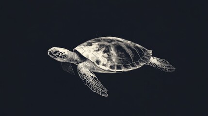 Abstract turtle in risograph style, black background with minimalistic strokes, capturing tranquility and calm, reminiscent of ink wash art