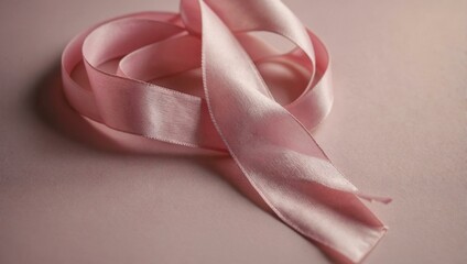 Soft pink ribbon on a pastel background, symbolizing breast cancer awareness.