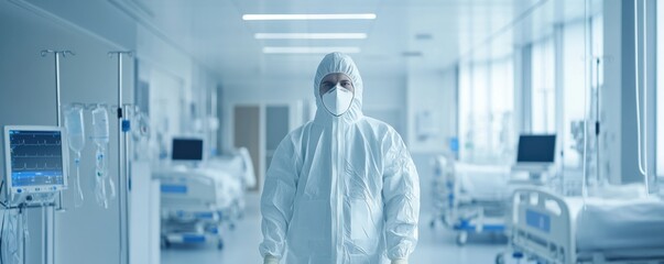 Naklejka premium Doctor in white safety suit at white clean hospital room, banner. Generative AI.