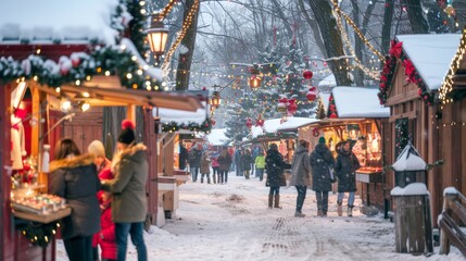 Obraz premium Joyful Winter Shoppers Enjoying Hot Cocoa and Treats at Festive Outdoor Christmas Market