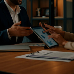 Man and Woman at Office Desk Discussing and Presenting a Project
