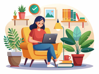A Young Woman Working on a Laptop in a Stylish Living Room Vector art