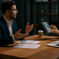 Man and Woman at Office Desk Discussing and Presenting a Project