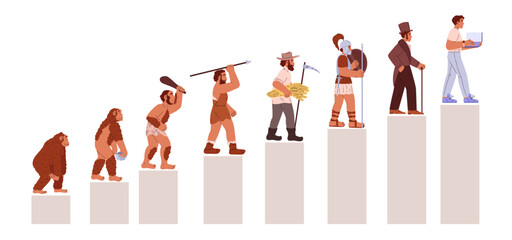 A vector illustration tracing the evolution of man from primitive cavemen to modern humans