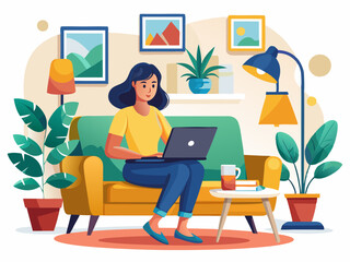 A Young Woman Working on a Laptop in a Stylish Living Room Vector art
