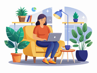 A Young Woman Working on a Laptop in a Stylish Living Room Vector art