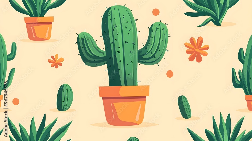 Wall mural cactus plants in pots desert floral pattern green and orange botanical illustration