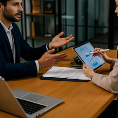 Man and Woman at Office Desk Discussing and Presenting a Project