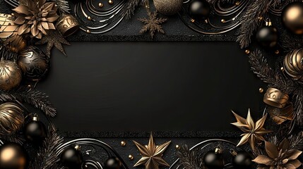 Christmas banner with luxurious patterns and metallic accents, central area in matte black for elegant text placement