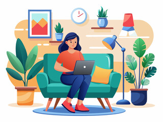 Fototapeta premium A Young Woman Working on a Laptop in a Stylish Living Room Vector art