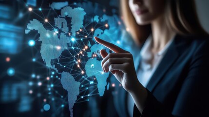 A businesswoman interacts with a virtual map of financial markets, her finger tracing connections between global currencies