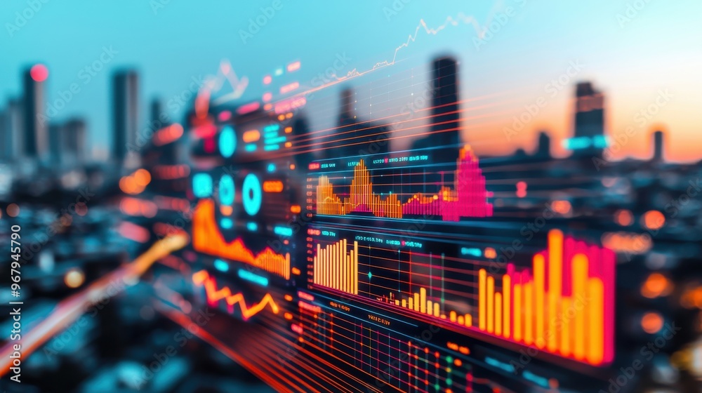 Aufkleber a glowing digital dashboard with multiple data charts and graphs, floating in midair, with a sleek m