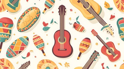 Colorful Mexican Music Instruments and Decorations Pattern