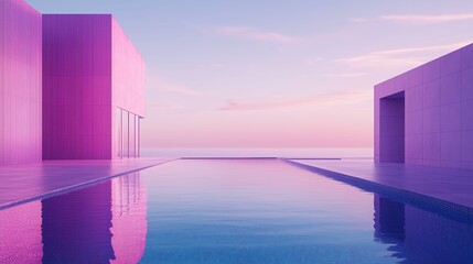Stunning modern architecture by the ocean at sunset with a vibrant pink hue reflecting on the tranquil pool water