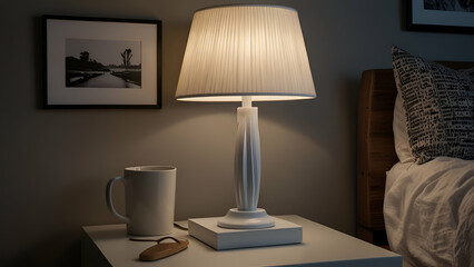 White Desk Lamp Lighting Books on a Bedside Table