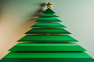 Christmas Tree Made of Geometric Shapes. A Christmas tree formed entirely by triangles of different sizes in varying shades of green. A golden star is placed at the top