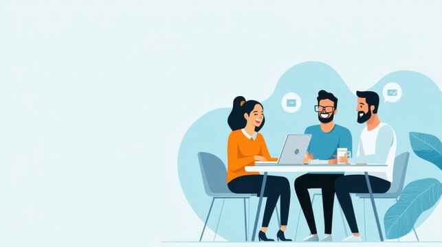 A group of coworkers gather around a table, laughing and discussing ideas with energy. Their collaborative effort is driven by a positive and supportive environment., flat design illustration