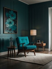 Teal-themed minimalist room with mid-century chairs and a small side table with a lamp.