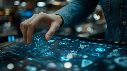 Sale growth, businessman touching graph of increase in sales volume with shopping cart on virtual screen for ecommerce growth, futuristic, business, Ai generated