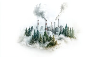 A factory surrounded by trees, emitting smoke into the air, representing industrialization and environmental impact.