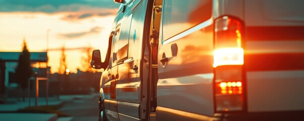 Modern ambulance inside vehicle safety interior, ambulance panorama banner. Generative AI