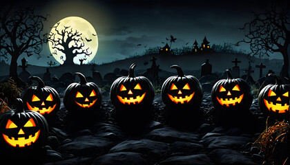 Spooky Halloween Scene with Jack-o'-Lanterns, Haunted Castle, and Full Moon
