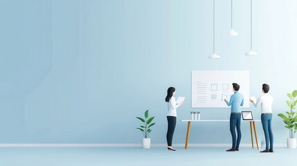 A group of professionals stands around a whiteboard in a modern office, writing down their quarterly business goals during a strategy meeting., flat design illustration