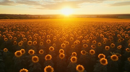 Obraz premium A vibrant field of sunflowers illuminated by a golden sunset, creating a serene landscape.