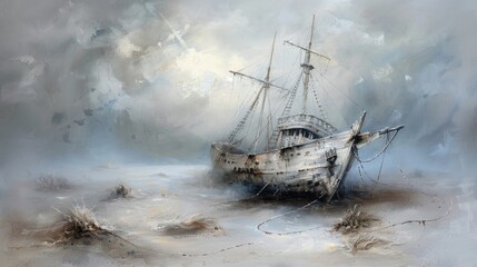 Fototapeta premium Shipwrecked vessel half-buried in sandy beach with a pastel evening sky in watercolor style.