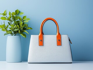 White Leather Handbag with Orange Handles on Blue Background