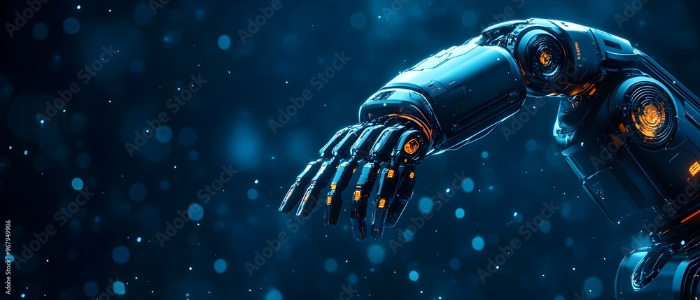 Poster Futuristic Robotic Claw with Glowing Lights Visualizing the Development of Software that Coordinates and Controls Complex Robotic Processes and Automation Systems