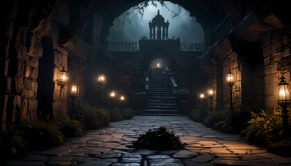 Fototapeta premium Castle dungeon, gothic setting with candles, dark and creepy background, setting, fantasy game, dark and creepy